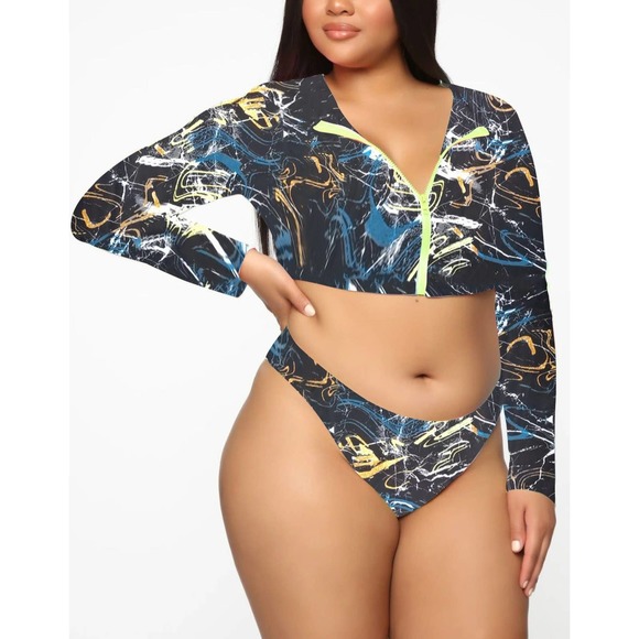 Bikini Long Sleeve Zipper Swimsuit Plus Size Colorful Sexy Plus Size Swimsuit - Picture 7 of 9